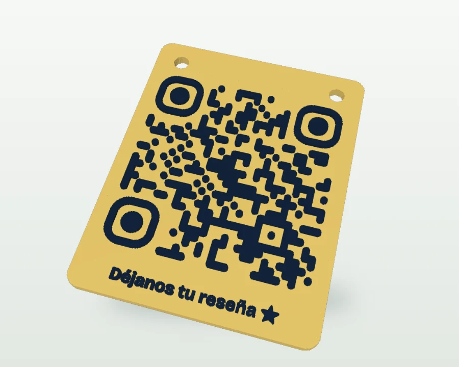Placa de pared impresa en 3D con código QR y el texto Déjanos tu reseña